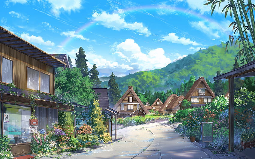 2880x1800 Anime-Landschaft, Häuser, Landschaftlich, Wolken, Anime-Naturer HD-Hintergrundbild