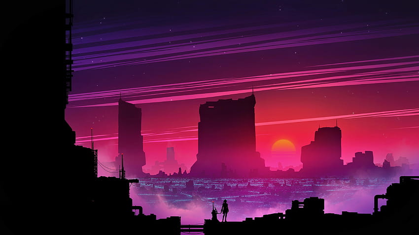 Futuristic City Sunset, purple city HD wallpaper