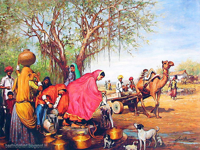 RAJASTHANI VILLAGE EIN SCHÖNES GEMÄLDE AUS INDIEN, indische Kunst HD-Hintergrundbild