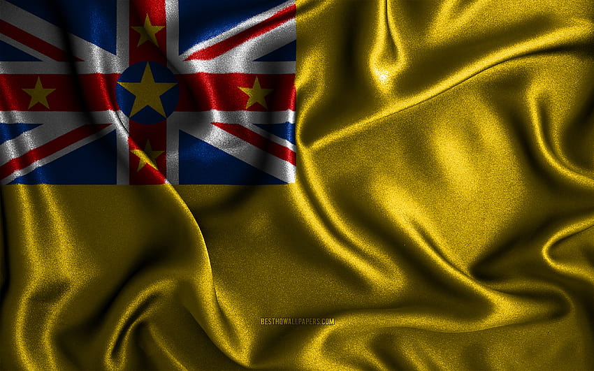 Niue flag, silk wavy flags, Oceanian countries, national symbols, Flag of Niue, fabric flags, 3D art, Niue, Oceania, Niue 3D flag with resolution 3840x2400. High Quality HD wallpaper