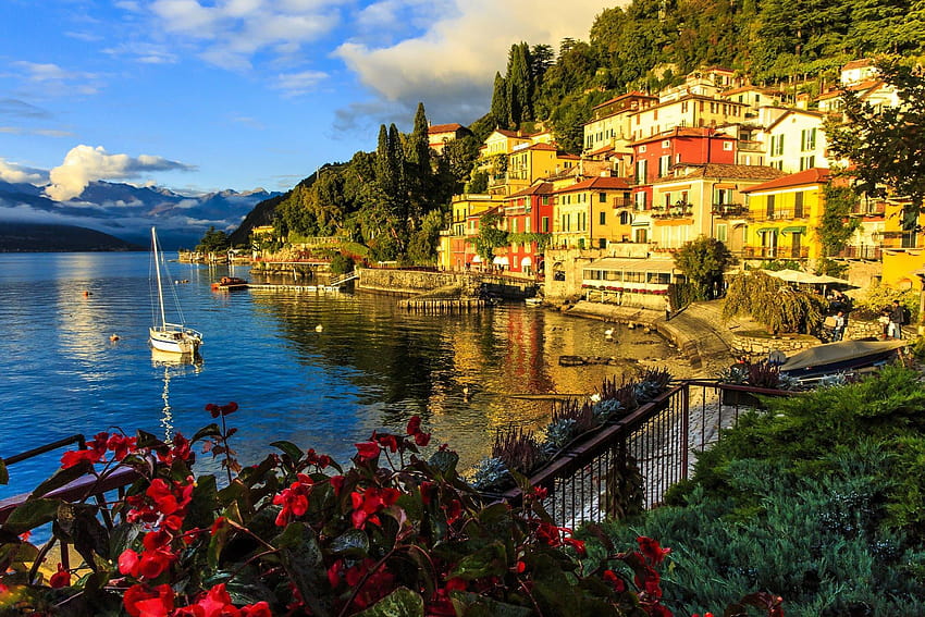 Flowers, buildings, houses, yacht, Italy, embankment, Lake, lake como HD wallpaper