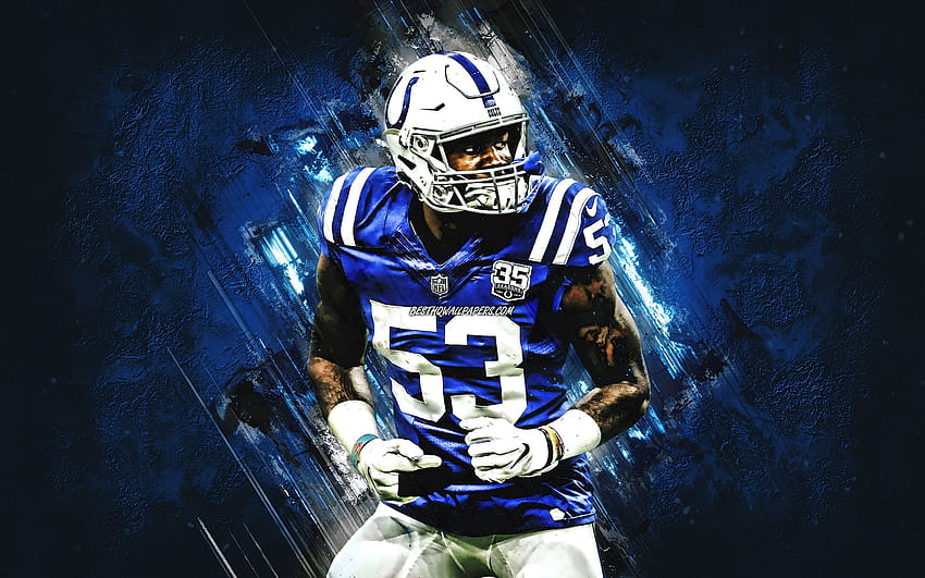 Darius Leonard, NFL, Indianapolis Colts, portrait, blue stone background, american football, National Football League, USA with resolution 2880x1800. High Quality HD wallpaper