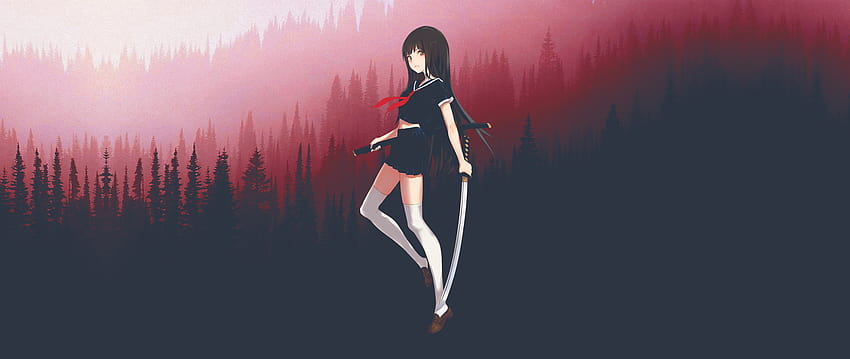 : аниме момичета, червено, катана, гора, ултра широка, пола, японски дрехи, черна коса 2560x1080, червена аниме гора HD тапет