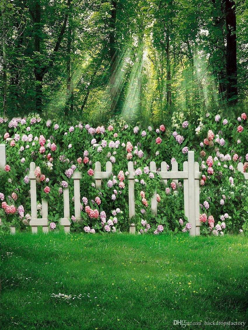2018 Spring Flower Garden Backgrounds Green Grassland White Fence, background garden HD phone wallpaper