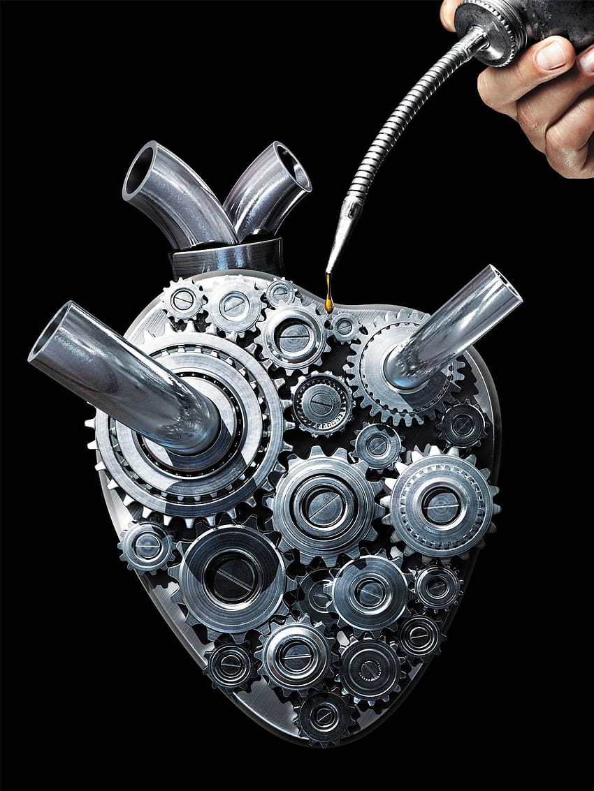 artwork, Gears, Motors, Hearts, Metal, Exhaust pipes, Screw, Portrait display, Black background, Hand, Vehicle, Surreal, Machine, Mechanics, Artery / and Mobile Backgrounds HD phone wallpaper