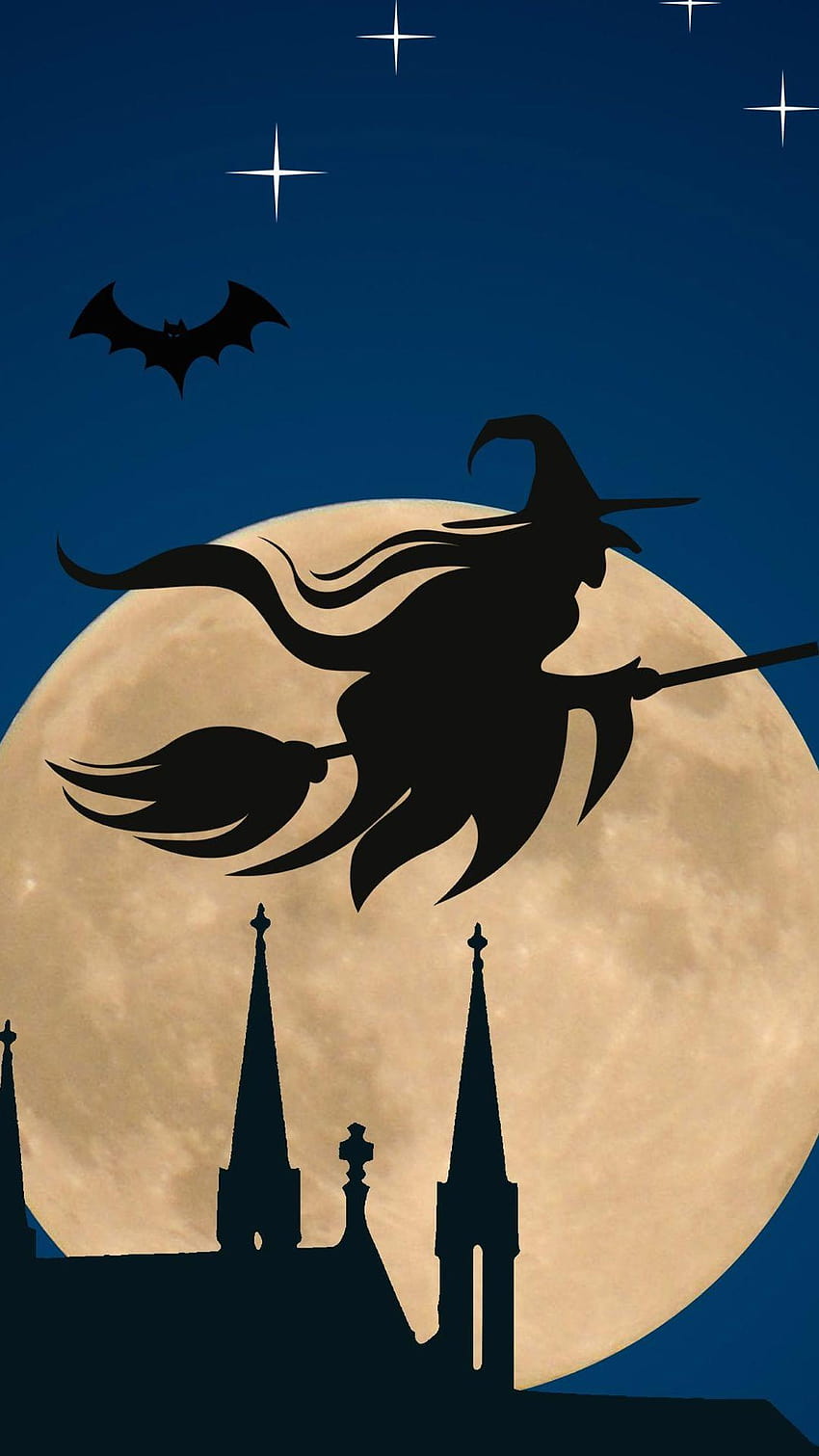 Halloween Witch Flying Broom Over Moon, vintage halloween android HD phone wallpaper