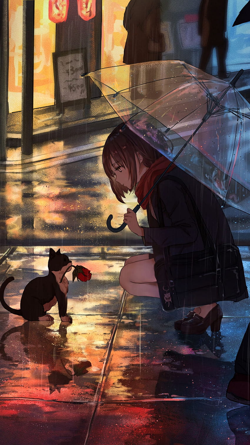 かわいいアニメの女の子と猫の傘都市雨 : 更新 HD電話の壁紙
