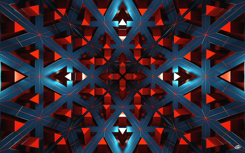 : digital art, abstract, render, red, CGI, symmetry, blue, triangle, pattern, geometry, texture, circle, lines, kaleidoscope, mirrored, ART, light, color, shape, star, design, line, computer 1920x1200 HD wallpaper