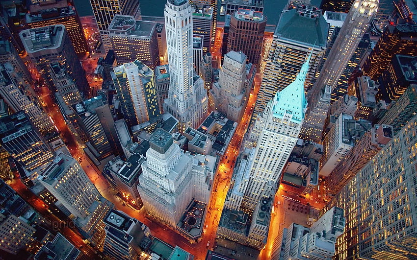 都市景観, 建築, 建物, ニューヨーク市, アメリカ, 超高層ビル, 夜, 通り, 街路灯, 鳥瞰図, 長時間露光 / and Mobile Backgrounds 高画質の壁紙