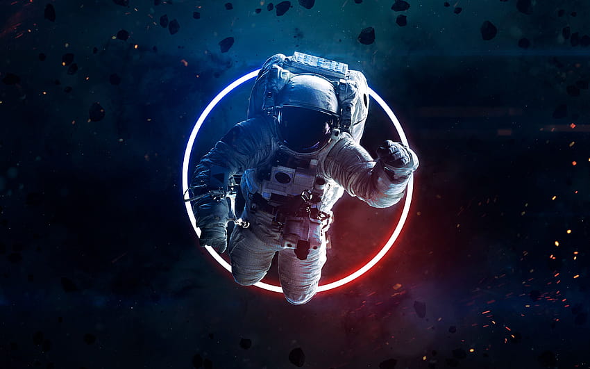 Astronauta, asteroides, traje espacial, luz de neón, viaje espacial, aventura espacial, espacio, viaje espacial mínimo fondo de pantalla