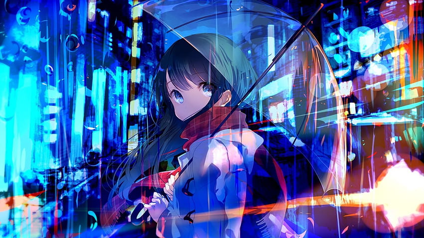 1366x768 Anime-Mädchen, roter Schal, transparenter Regenschirm, Blasen, Lichter für Laptop, Notebook HD-Hintergrundbild