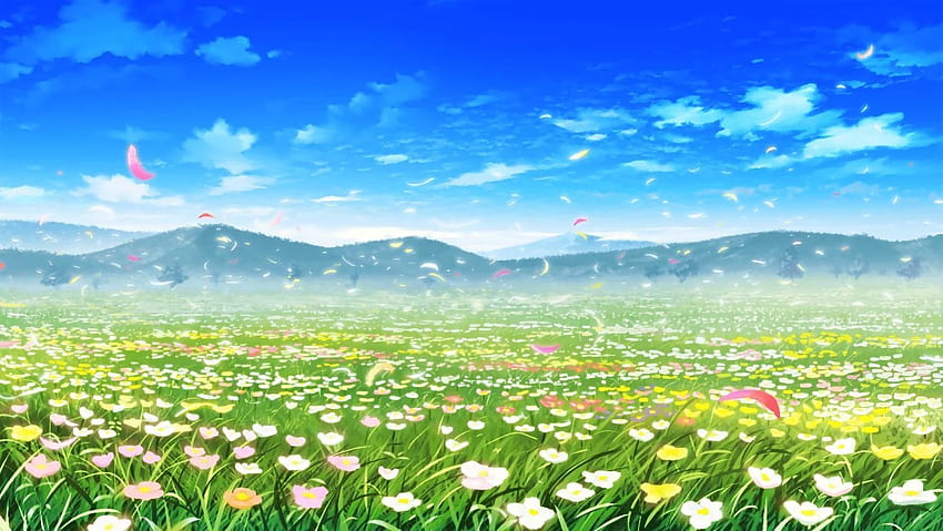 obłoki kwiecie trawka pejzaż nikt płatki sceniczny niebu tagme_, anime kwiatu terenowe dekoracje Tapeta HD
