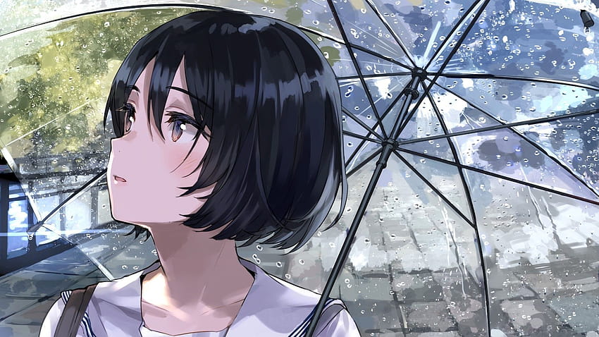 1920x1080 Anime Girl, Raining, Transparent Umbrella, Short Black Hair, Look Away for Widescreen, 애니메이션 소녀 흑발 HD 월페이퍼