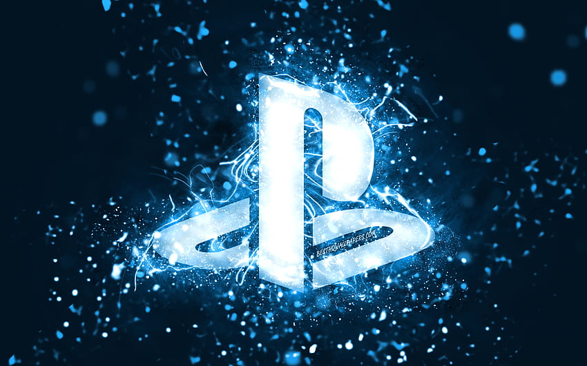 Blaues PlayStation-Logo, blaue Neonlichter, kreativer, blauer abstrakter Hintergrund, PlayStation-Logo, PlayStation mit einer Auflösung von 3840 x 2400. Hohe Qualität, PS5-Neon HD-Hintergrundbild