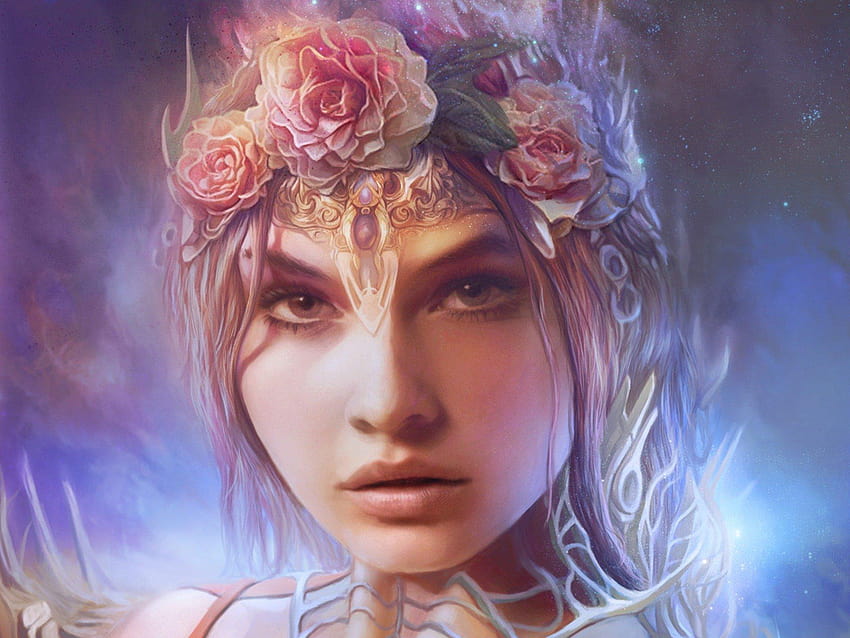Corona de flores de retrato de reina de fantasía, retrato de fantasía fondo de pantalla