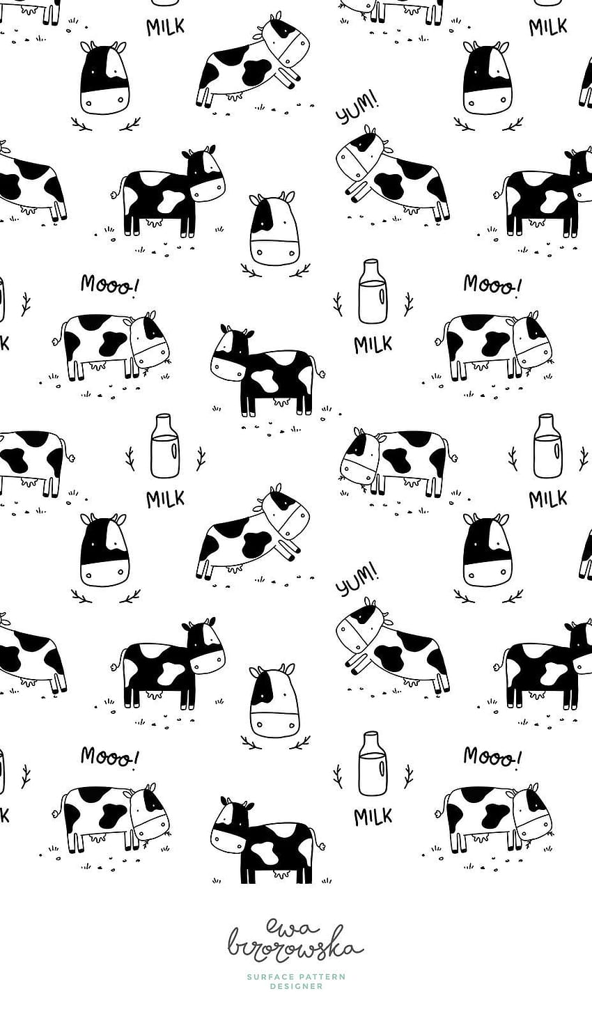 Minimalistyczny czarno-biały wzór krowy w skandynawskim stylu z napisami. Tapeta na telefon HD