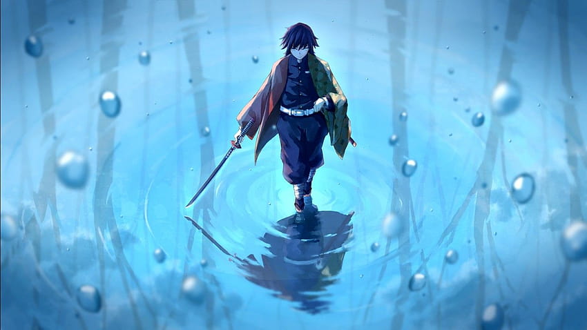 Dämonentöter Giyuu Tomioka mit dem Schwert, das auf Wasser mit Hintergründen des blauen Wassers und der Blasen Anime reflektiert HD-Hintergrundbild
