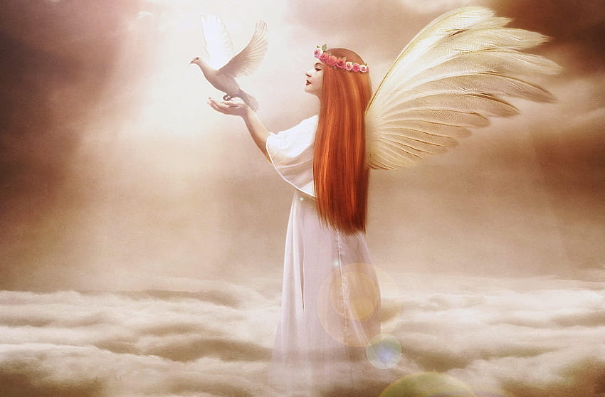 angels, Pigeons, Redhead, Girl, Wings, Clouds, Fantasy, angel girl HD wallpaper