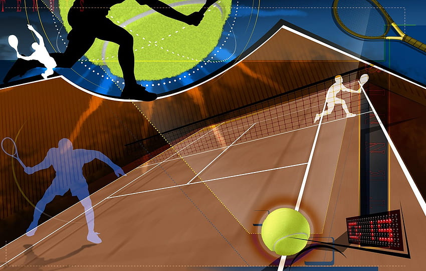 abstraction, mesh, collage, the ball, vector, silhouette, racket, tennis, Tennis , section спорт, lawn tennis HD wallpaper