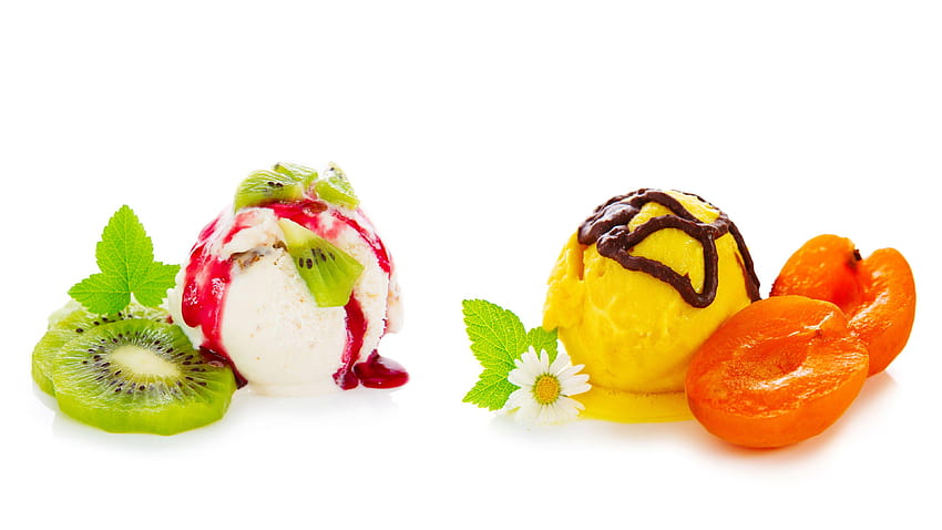 Ice cream Peaches Camomiles Kiwifruit Food Balls 3840x2160, peach ice cream HD wallpaper