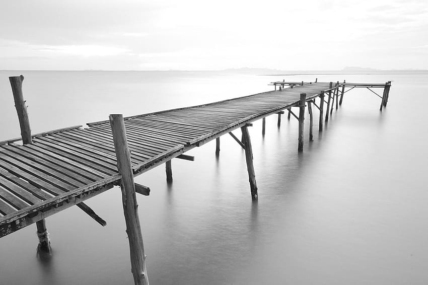 Wooden pier extending into foggy sea, black white wall mural. Se8531, wooden pier fog HD wallpaper