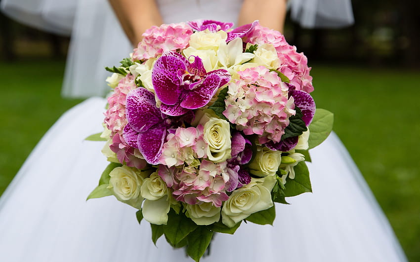 ramo de novia, orquídeas, novia, vestido blanco, orquídeas rosas, conceptos de boda, con resolución 3840x2400. Boda de orquídeas de alta calidad. fondo de pantalla