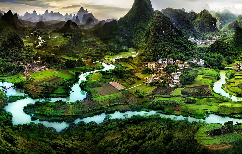 dağlar, nehir, manzara, Çin, Guilin , bölüm пейзажи HD duvar kağıdı