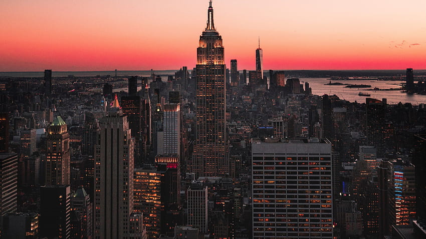 Empire State Building , Pencakar Langit, Kota New York, Matahari Terbenam, Pemandangan Kota, Kaki Langit, Perkotaan, Dunia, Empire State Building musim dingin Wallpaper HD