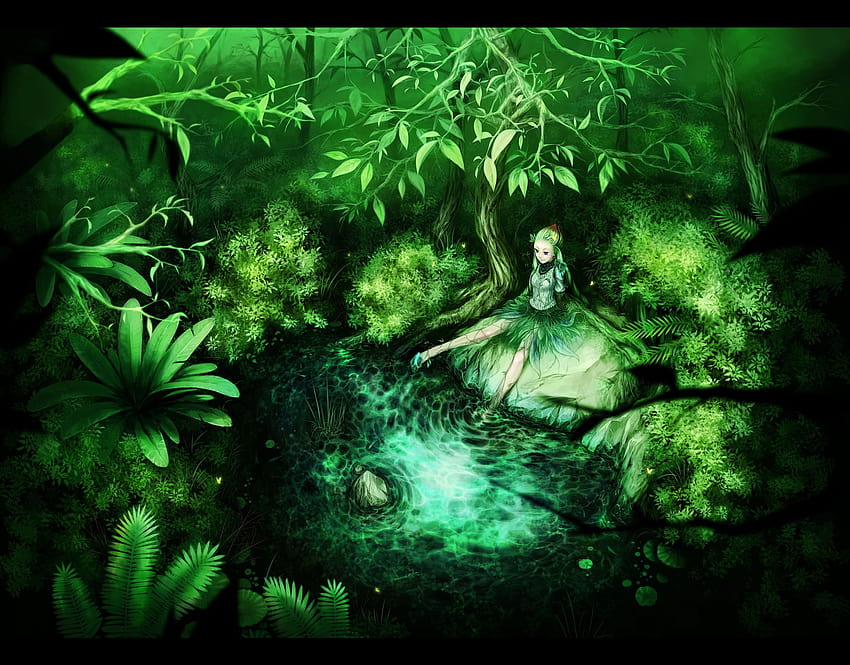 боса пеперуда гора зелена зелена коса етикет дърво и вода, джунгла аниме HD тапет