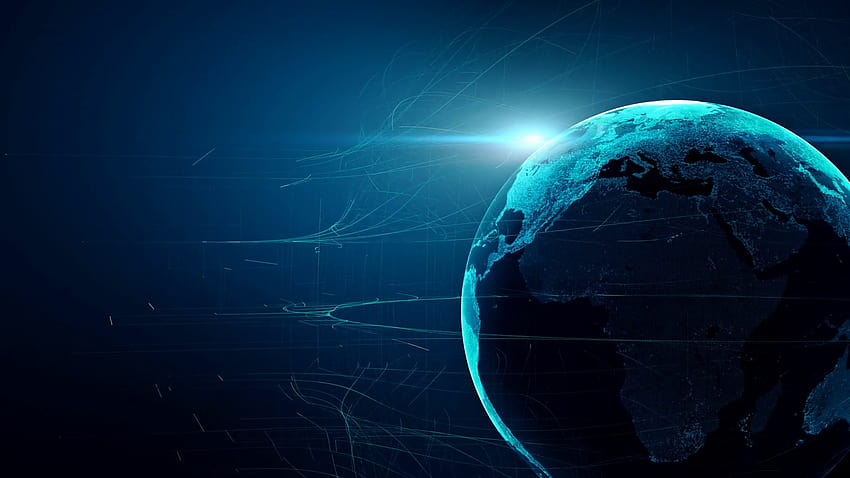 Globo terráqueo con mapa nocturno de la tierra gira lentamente alrededor de su eje y sol parpadeante, animación de tecnología futurista perfecta del mundo digital con efectos de luz en s de gradiente azul profundo s de movimiento fondo de pantalla