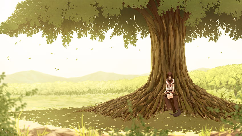 1920x1080 Anime Girl, Giant Tree, Reading A Book, Scenic, anime tree HD wallpaper