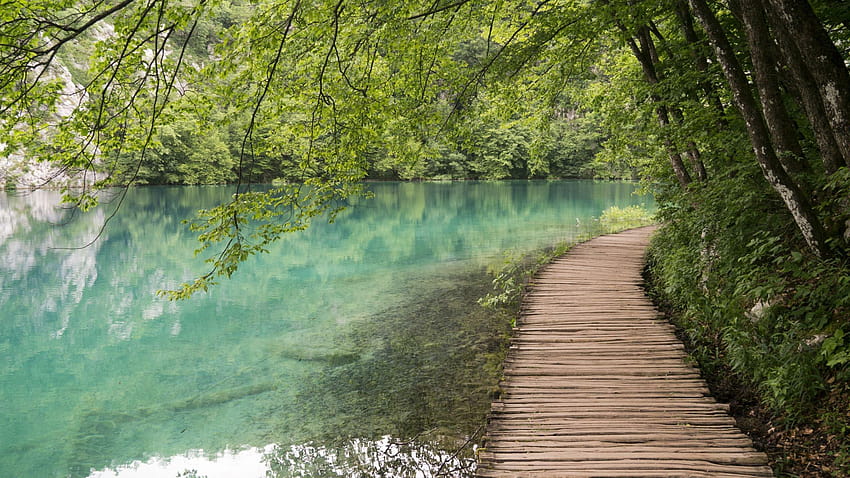Wooden Path by the Lake at Plitvice Lakes National Park HD wallpaper