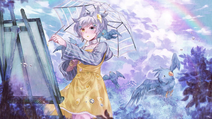 2560x1440 Anime Girl, Raining, Animal Ears, Rainbow, Birds, Gray Hair for iMac 27 inch, rainbow anime HD wallpaper