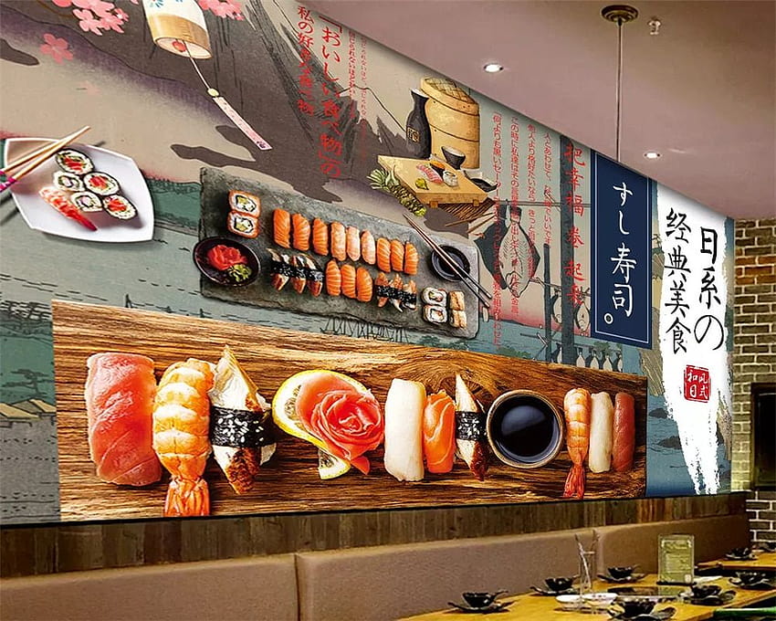beibehang 3d wall custom Japanese and wind sushi ukiyo e catering backgrounds kitchen 3 d for walls Wallpaper HD