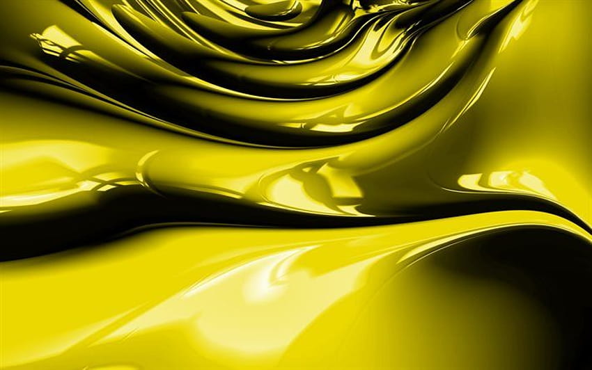 yellow abstract waves, 3D art, abstract art, yellow wavy background, abstract waves, surface backgrounds, yellow 3D waves, creative, yellow backgrounds, waves textures . HD wallpaper