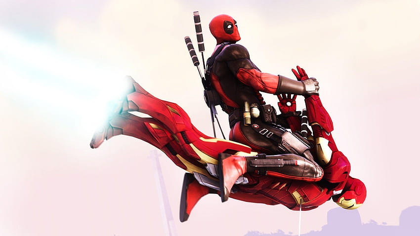 Deadpool volando en Iron Man fondo de pantalla
