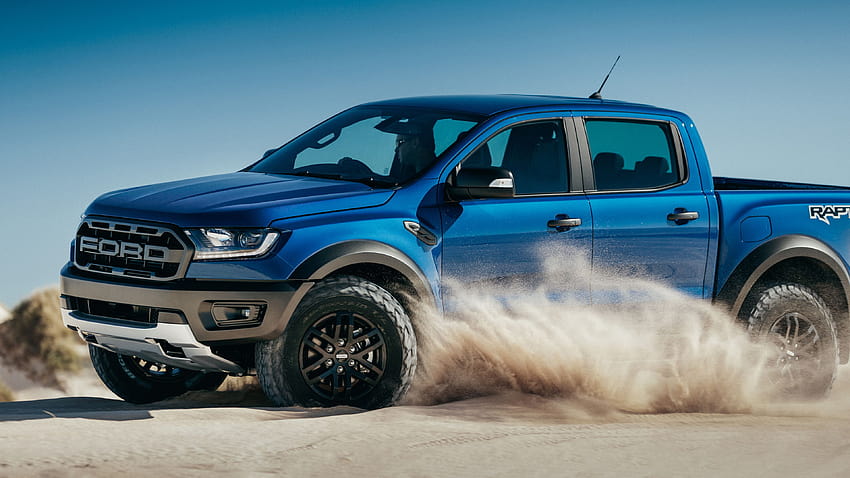 Blue pickup Ford Raptor, 2019 rides the sand and HD wallpaper