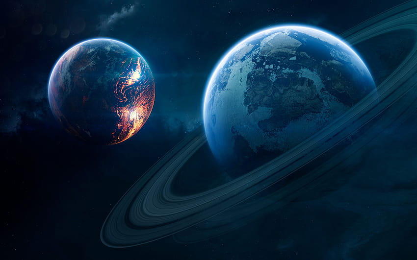 Planeta azul, anillo orbital, planeta rojo, estrellas, galaxia, espacio, galaxia azul roja fondo de pantalla