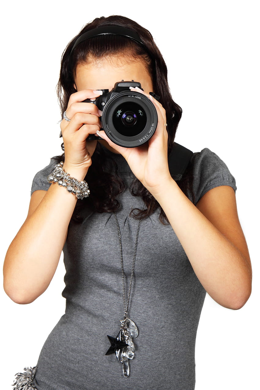 Woman in Grey T, disassembled camera HD phone wallpaper