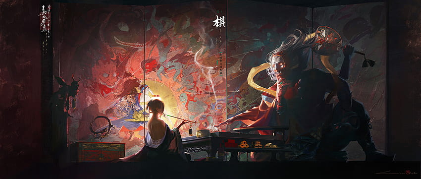 : painting, smoke, samurai, sword, arrows, waves, sheath, spear, weapon, demon, oni, kimono, dragon, eastern, Japanese, smoking pipe, lantern, women, face paint 1920x815 HD wallpaper
