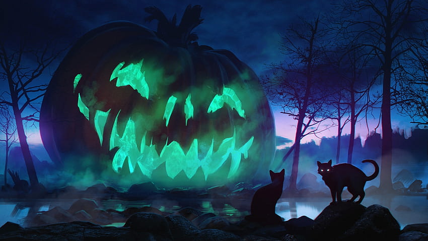 2560x1440 Halloween, calabaza gigante, miedo, gatos, tema oscuro, bosque, niebla, piedras para iMac de 27 pulgadas, halloween 2560x1440 fondo de pantalla
