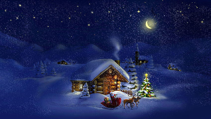 Deer Christmas Nature Winter Santa Claus Christmas tree Moon, snow moon HD wallpaper
