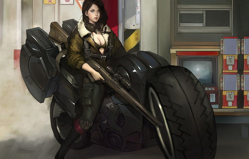 girl, fiction, figure, leather, headphones, art, jacket, cyberpunk girl futuristic motorcycle HD wallpaper