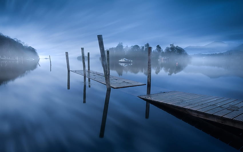 Lake, pier, boats, fog, morning 1920x1200 , wooden pier fog HD wallpaper