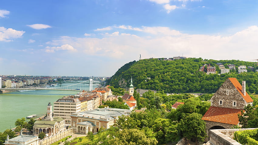Budapest, Danube river, city, houses, bridge, trees, sky, clouds 3840x2160 U HD wallpaper
