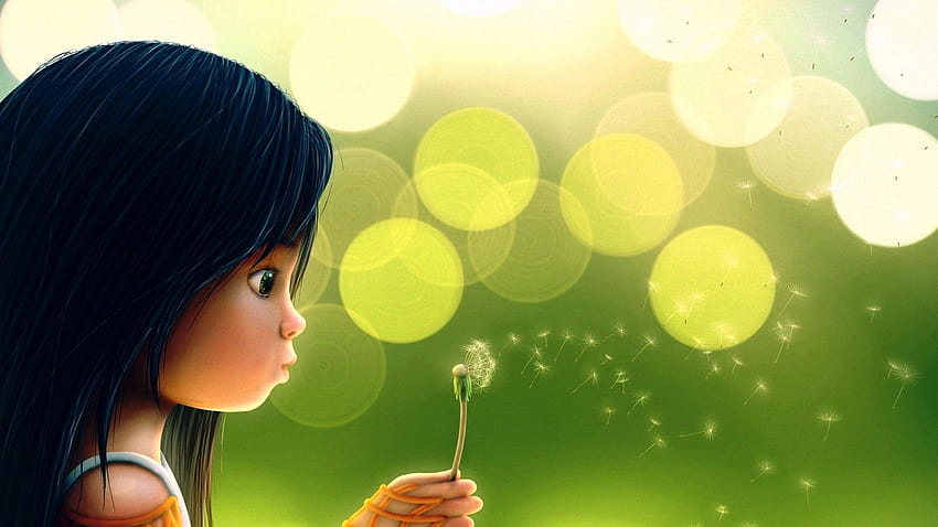 Cute cartoon girl blowing dandelion, girl and dandelion HD wallpaper