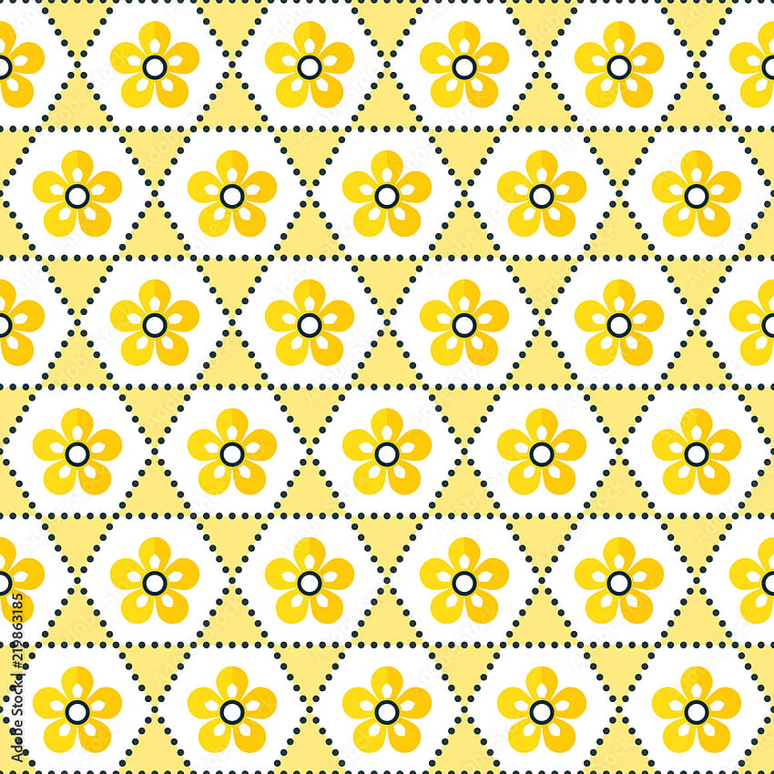 Modello di sfondi floreali in stile giapponese geometrico senza cuciture carino in giallo e bianco. Per la primavera e la Pasqua, biglietti di auguri, carta da regalo, tessuti e . Vettoriali stock, simpatici modelli primaverili Sfondo del telefono HD