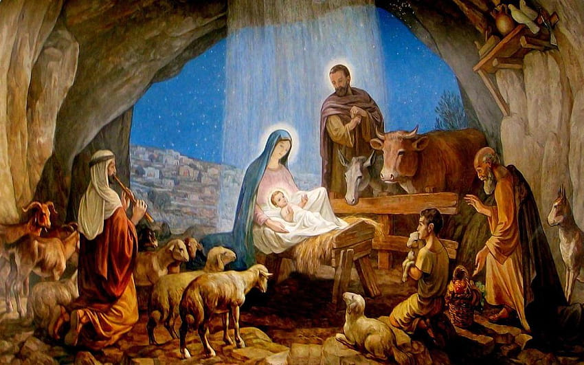 クリスマスはキリスト降誕のシーンで知られています。 厩舎、飼い葉桶、納屋の降誕 高画質の壁紙