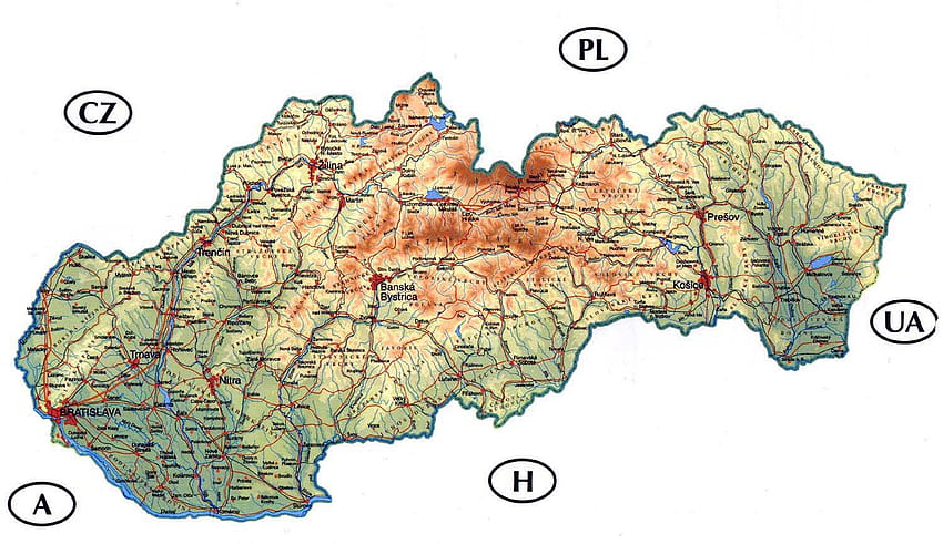スロバキアの詳細な道路と物理地図。 スロバキアの詳細道路と物理地図、 高画質の壁紙