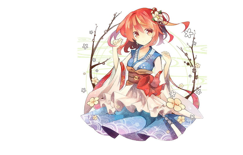 white background, red, kimono, art, flower in hair, Touhou Project, Project East, the branches of a tree, Onozuka Komachi, Fuiyu , section игры, komachi onozuka HD wallpaper